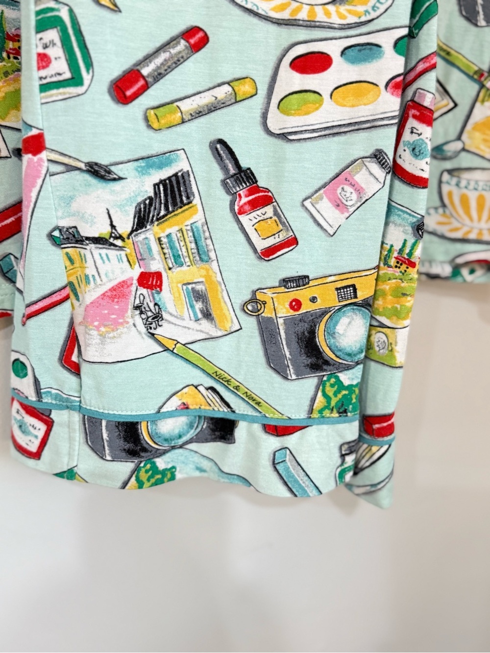 Nick & Nora Novelty Print Pajama Set Size Medium Aqua Lounge Sleepwear - Picture 5 of 6